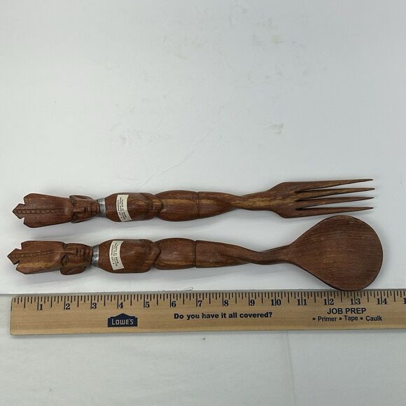 Hand Carved African Wooden Salad Server Spoon Fork Set Kenya A Leo Product - Picture 12 of 13